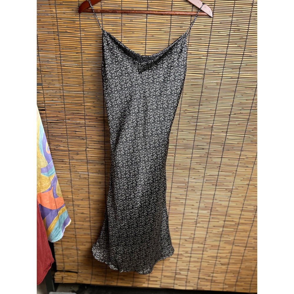 Chocolate USA Black Floral Satin Cowl Neck Midi Slip Dress Womens Small